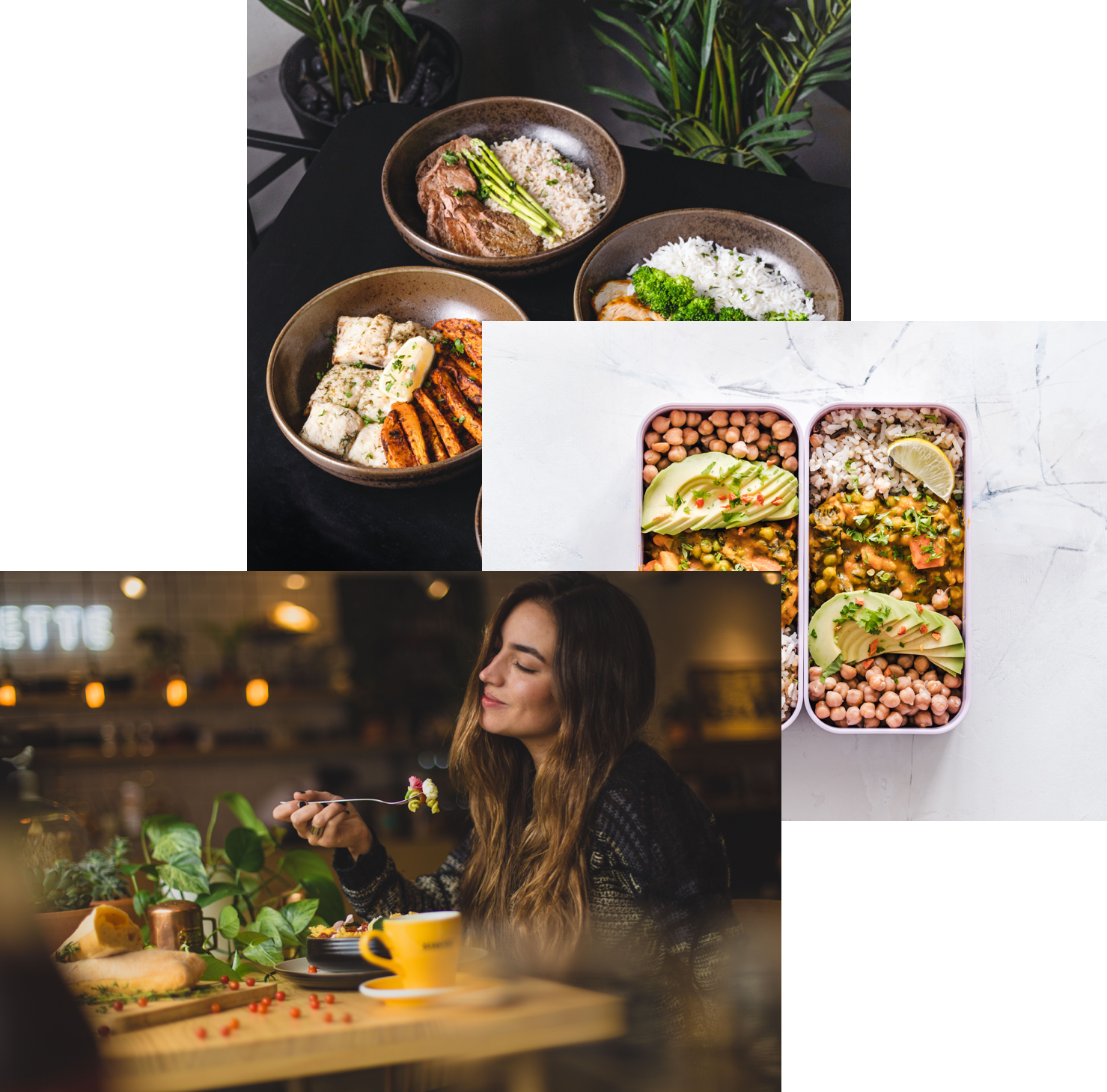 a woman enjot food in a restaurant, Meals prepared in food container, and 3 food bowls on a table